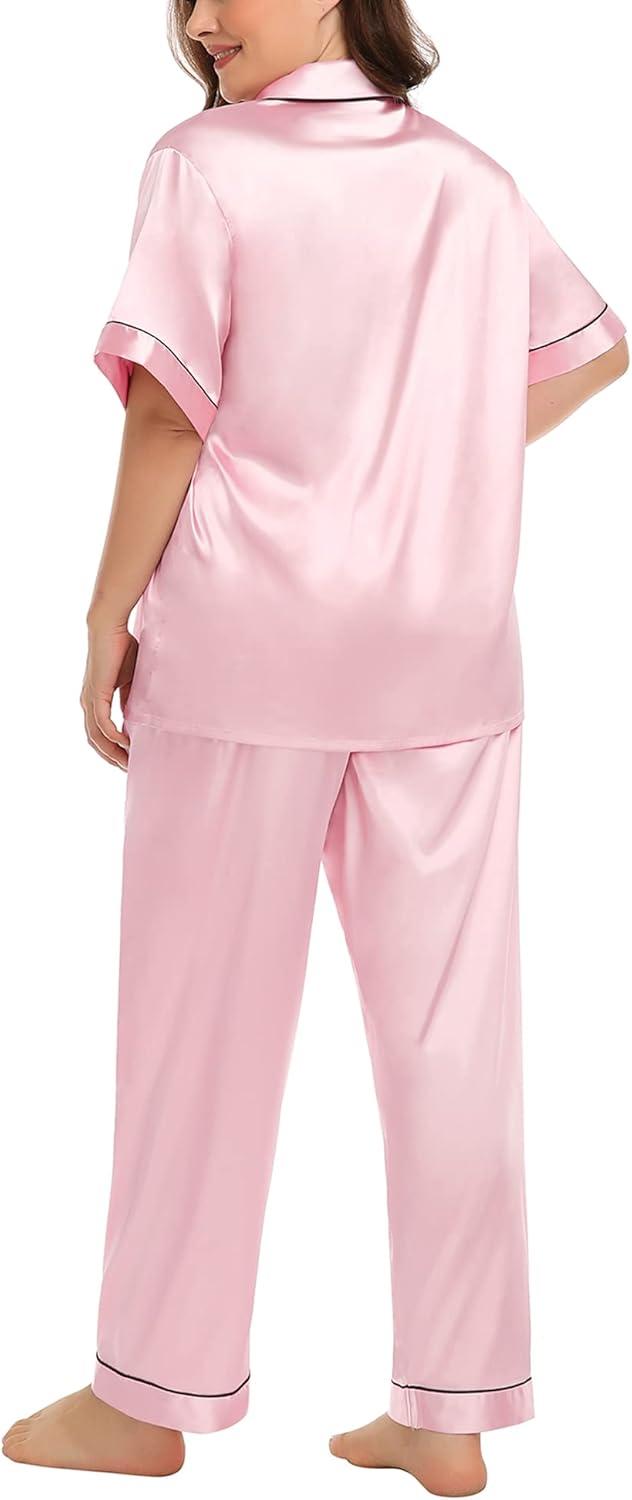 imageSWOMOG Womens Plus Size Pajamas Silk Satin Pajama Set Short Sleeve Shirt with FullLength Pants Pjs Sleepwear Set 18W26WPink