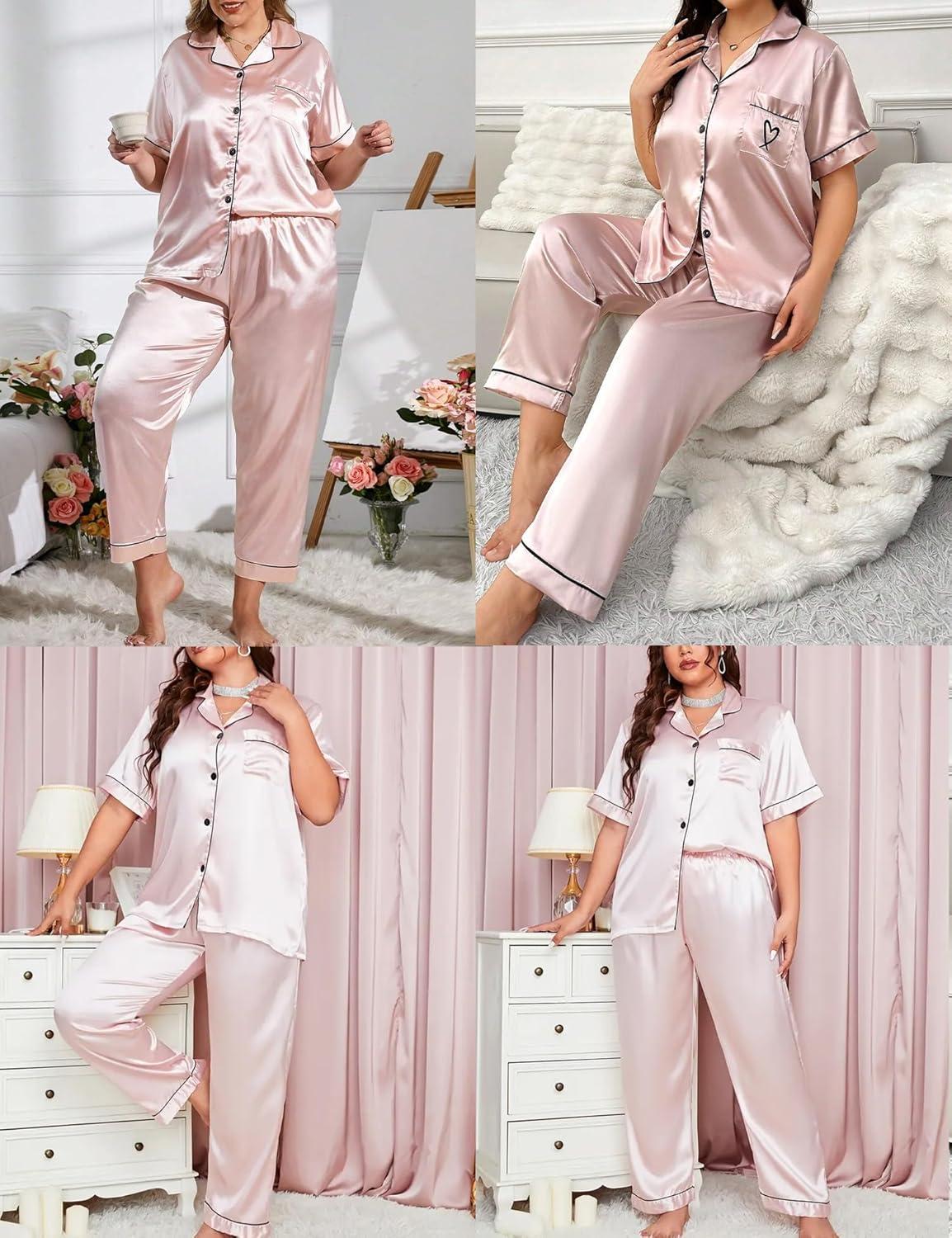 imageSWOMOG Womens Plus Size Pajamas Silk Satin Pajama Set Short Sleeve Shirt with FullLength Pants Pjs Sleepwear Set 18W26WPink