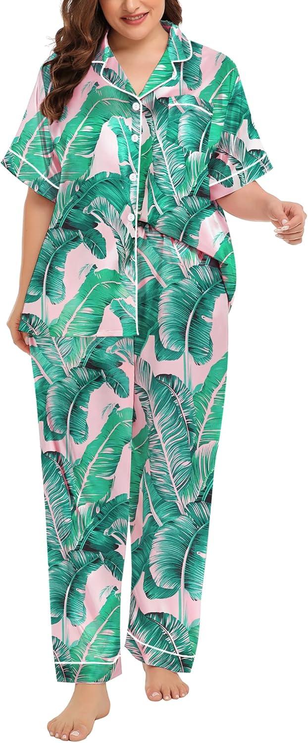 imageSWOMOG Womens Plus Size Pajamas Silk Satin Pajama Set Short Sleeve Shirt with FullLength Pants Pjs Sleepwear Set 18W26WPink Leaves
