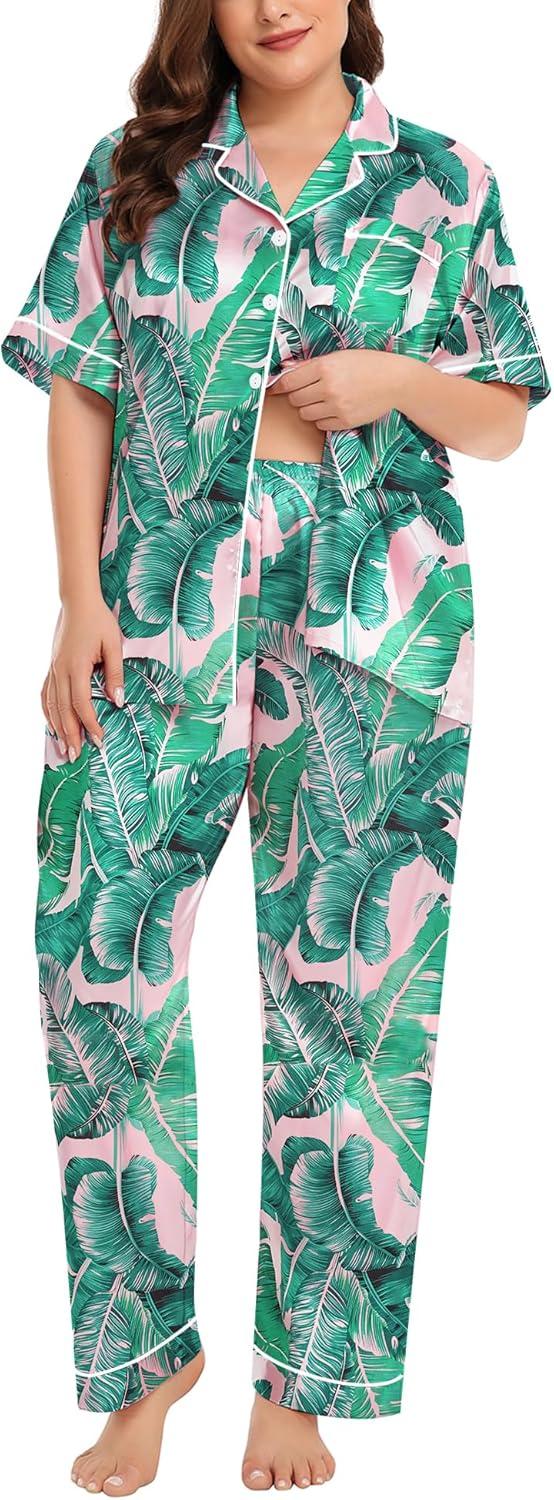 imageSWOMOG Womens Plus Size Pajamas Silk Satin Pajama Set Short Sleeve Shirt with FullLength Pants Pjs Sleepwear Set 18W26WPink Leaves