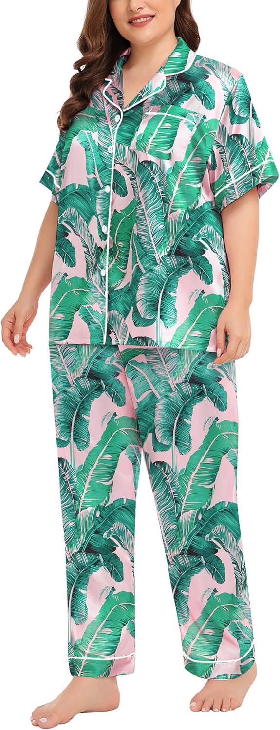 imageSWOMOG Womens Plus Size Pajamas Silk Satin Pajama Set Short Sleeve Shirt with FullLength Pants Pjs Sleepwear Set 18W26WPink Leaves