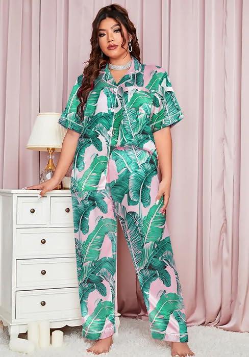 imageSWOMOG Womens Plus Size Pajamas Silk Satin Pajama Set Short Sleeve Shirt with FullLength Pants Pjs Sleepwear Set 18W26WPink Leaves