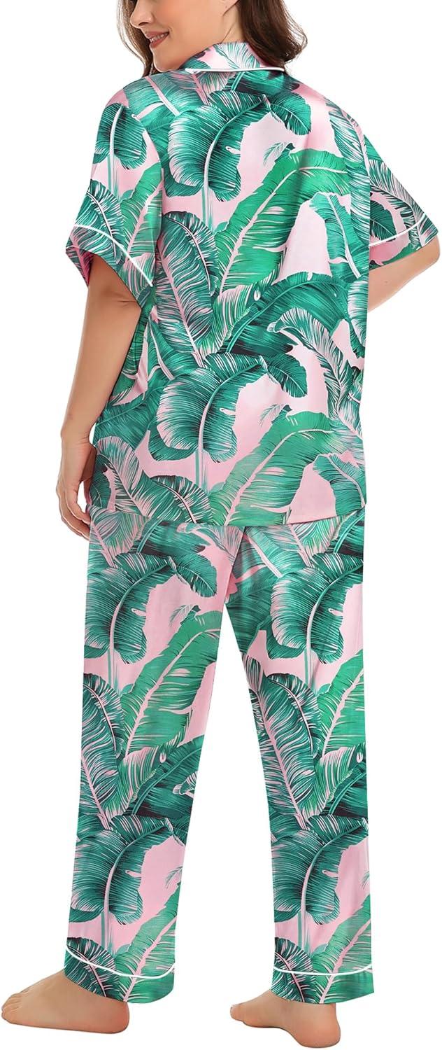 imageSWOMOG Womens Plus Size Pajamas Silk Satin Pajama Set Short Sleeve Shirt with FullLength Pants Pjs Sleepwear Set 18W26WPink Leaves