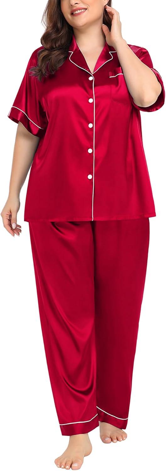 imageSWOMOG Womens Plus Size Pajamas Silk Satin Pajama Set Short Sleeve Shirt with FullLength Pants Pjs Sleepwear Set 18W26WRed