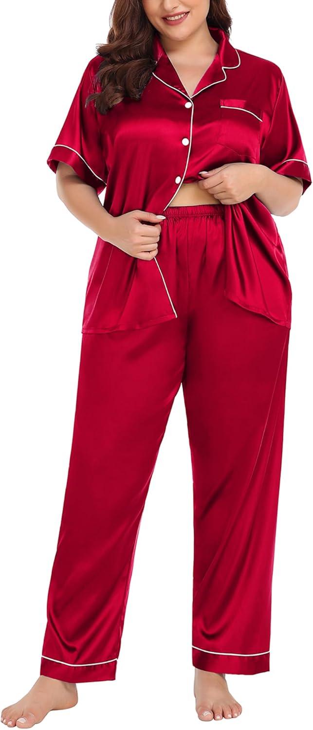imageSWOMOG Womens Plus Size Pajamas Silk Satin Pajama Set Short Sleeve Shirt with FullLength Pants Pjs Sleepwear Set 18W26WRed