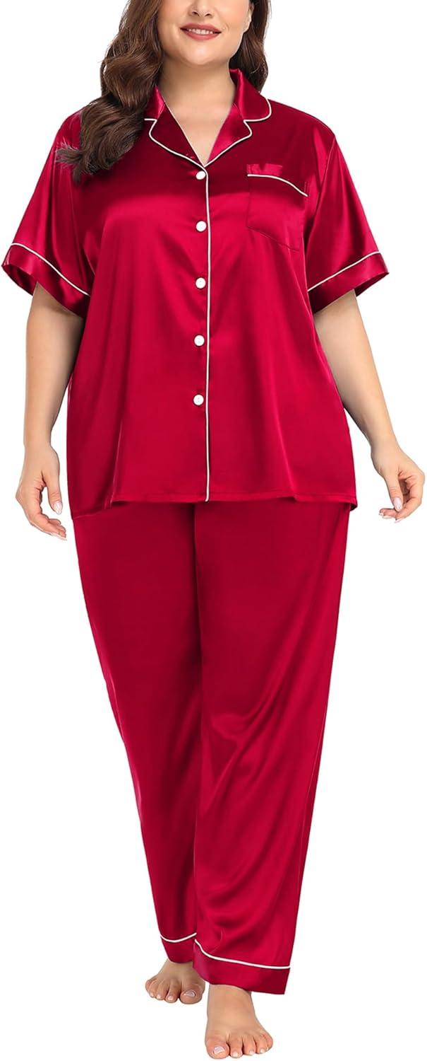 imageSWOMOG Womens Plus Size Pajamas Silk Satin Pajama Set Short Sleeve Shirt with FullLength Pants Pjs Sleepwear Set 18W26WRed