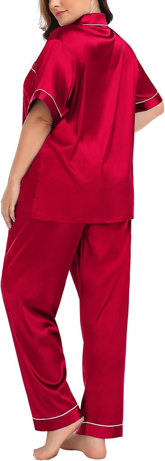 imageSWOMOG Womens Plus Size Pajamas Silk Satin Pajama Set Short Sleeve Shirt with FullLength Pants Pjs Sleepwear Set 18W26WRed