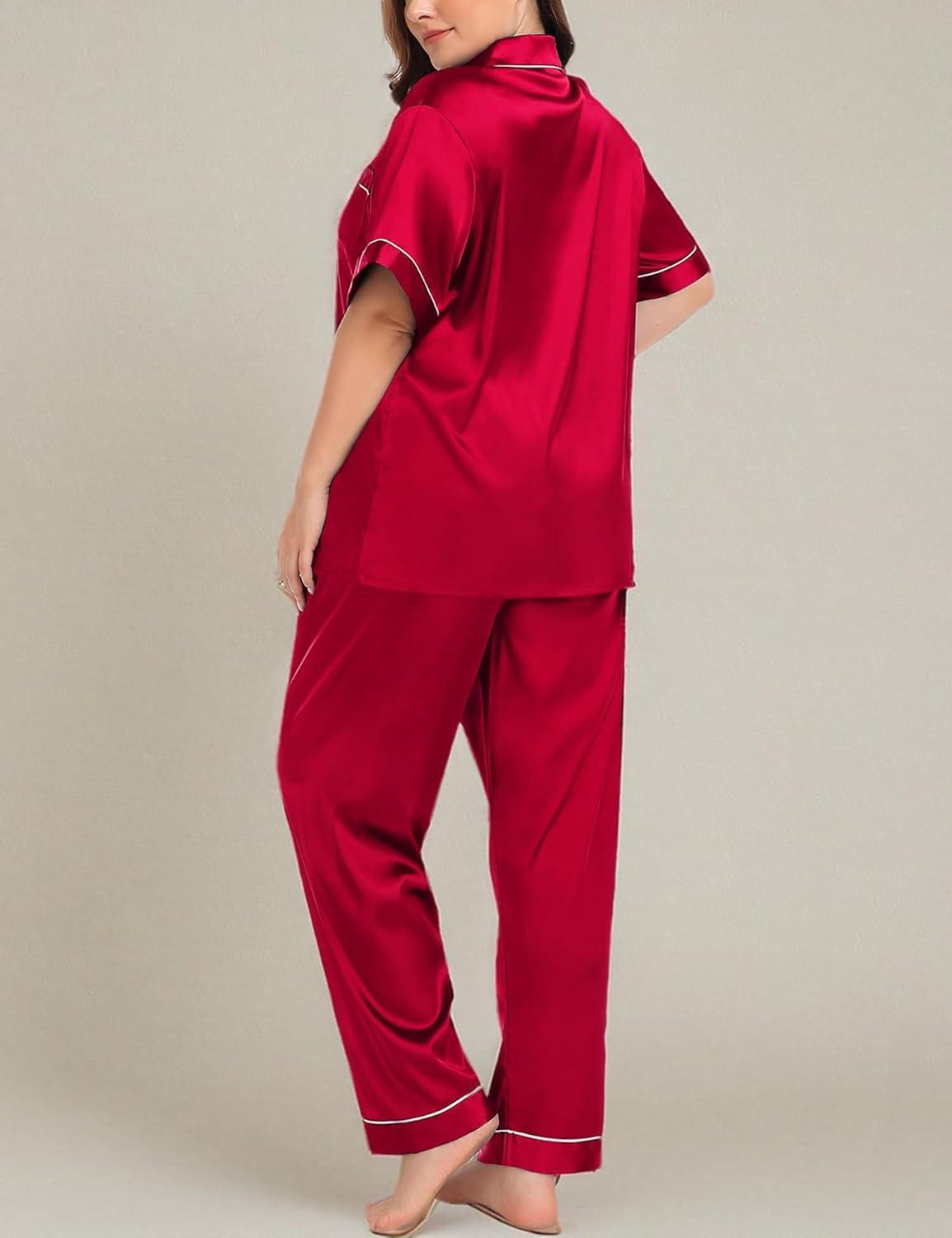 imageSWOMOG Womens Plus Size Pajamas Silk Satin Pajama Set Short Sleeve Shirt with FullLength Pants Pjs Sleepwear Set 18W26WRed
