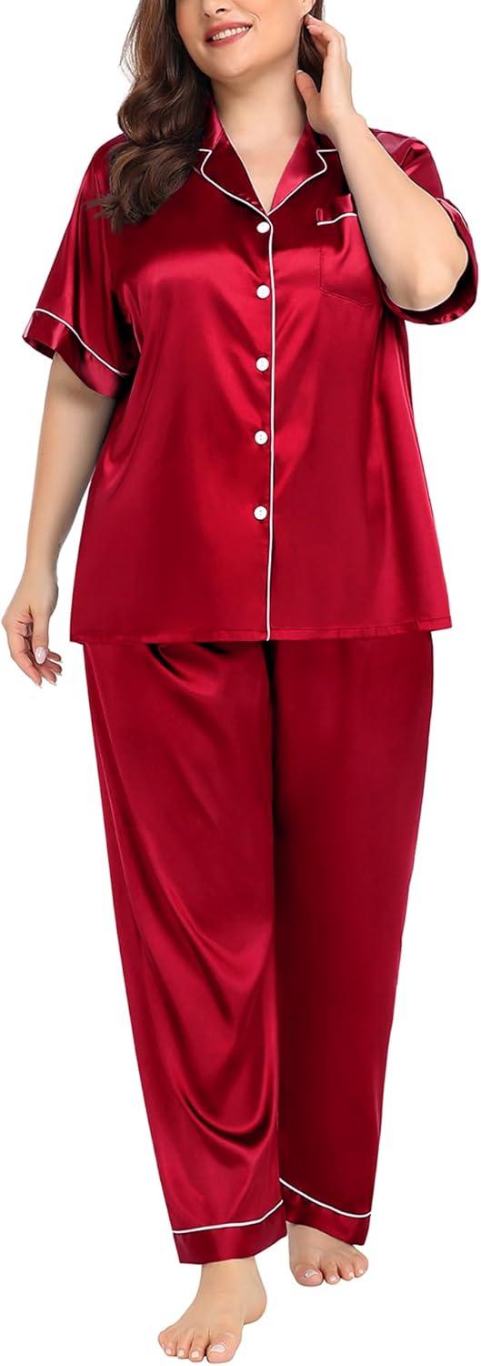 imageSWOMOG Womens Plus Size Pajamas Silk Satin Pajama Set Short Sleeve Shirt with FullLength Pants Pjs Sleepwear Set 18W26WReda