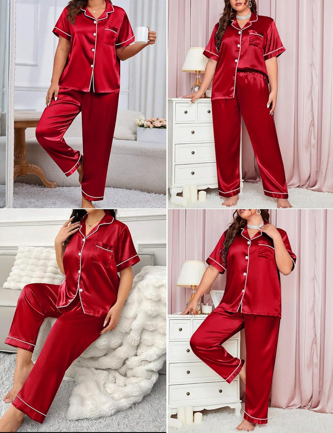 imageSWOMOG Womens Plus Size Pajamas Silk Satin Pajama Set Short Sleeve Shirt with FullLength Pants Pjs Sleepwear Set 18W26WReda
