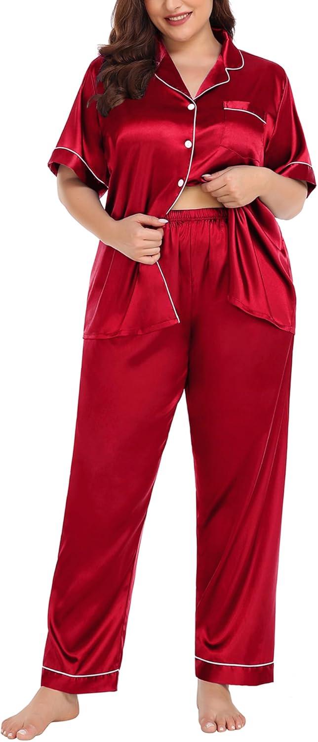 imageSWOMOG Womens Plus Size Pajamas Silk Satin Pajama Set Short Sleeve Shirt with FullLength Pants Pjs Sleepwear Set 18W26WReda