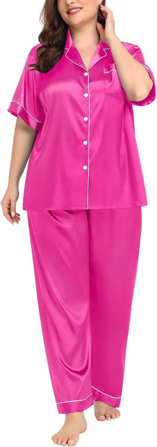 imageSWOMOG Womens Plus Size Pajamas Silk Satin Pajama Set Short Sleeve Shirt with FullLength Pants Pjs Sleepwear Set 18W26WRose Red