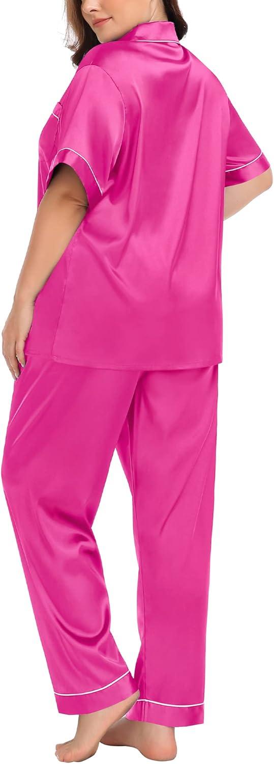 imageSWOMOG Womens Plus Size Pajamas Silk Satin Pajama Set Short Sleeve Shirt with FullLength Pants Pjs Sleepwear Set 18W26WRose Red
