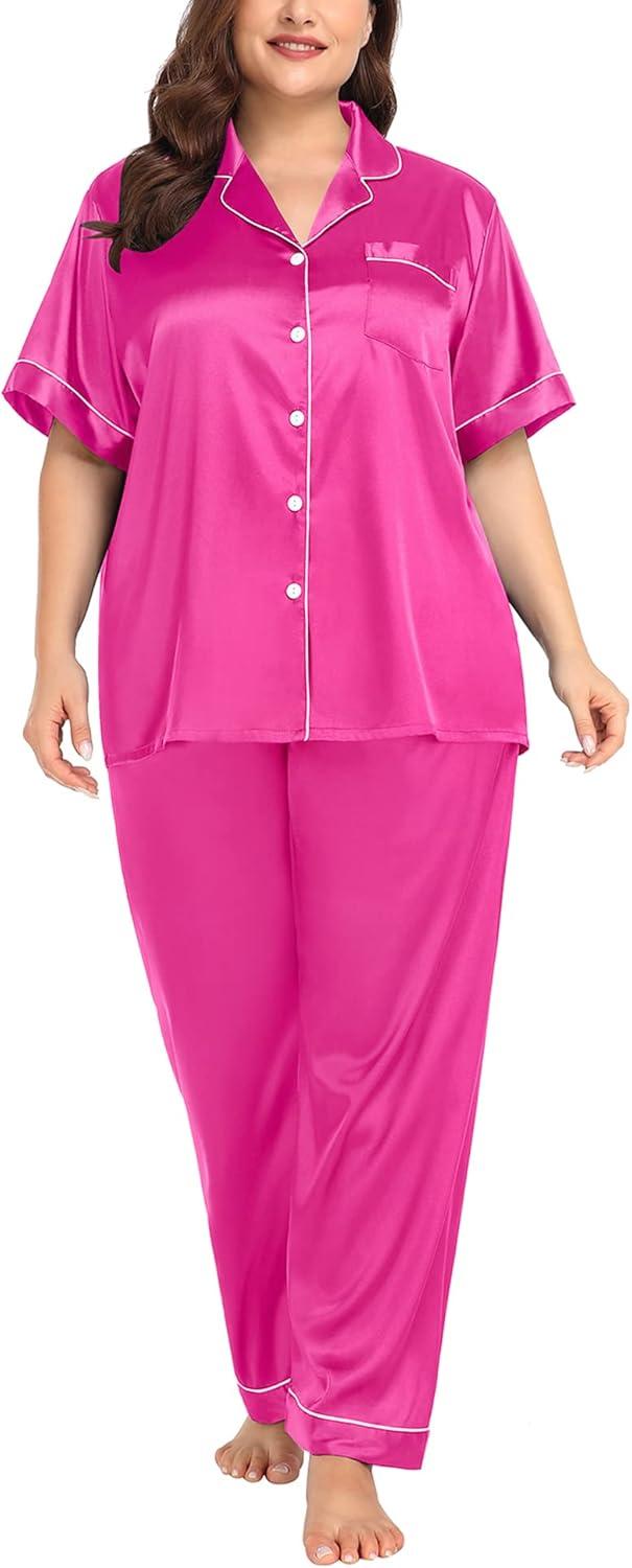 imageSWOMOG Womens Plus Size Pajamas Silk Satin Pajama Set Short Sleeve Shirt with FullLength Pants Pjs Sleepwear Set 18W26WRose Red
