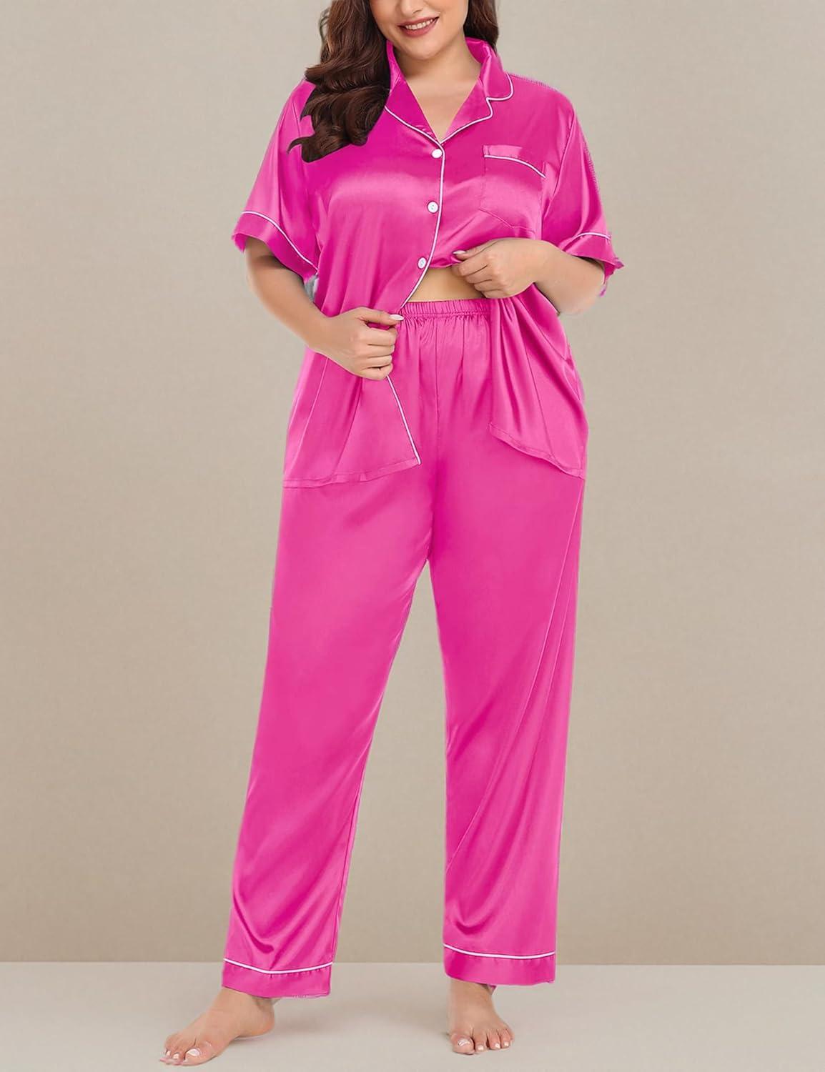 imageSWOMOG Womens Plus Size Pajamas Silk Satin Pajama Set Short Sleeve Shirt with FullLength Pants Pjs Sleepwear Set 18W26WRose Red