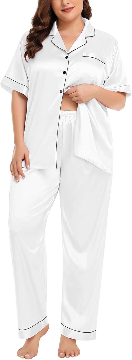 imageSWOMOG Womens Plus Size Pajamas Silk Satin Pajama Set Short Sleeve Shirt with FullLength Pants Pjs Sleepwear Set 18W26WWhite