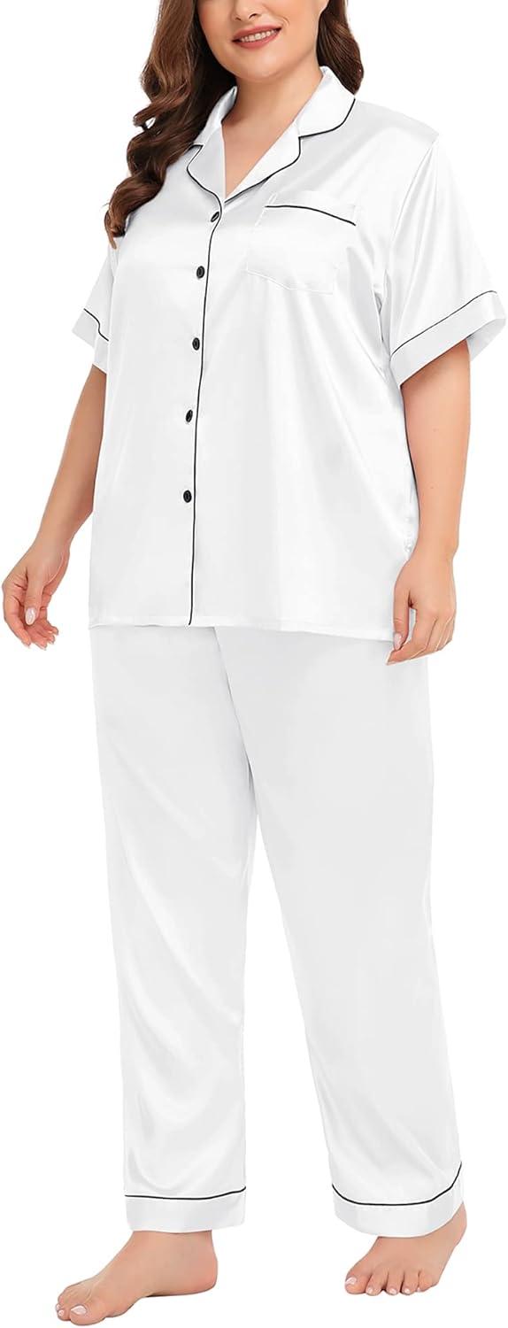 imageSWOMOG Womens Plus Size Pajamas Silk Satin Pajama Set Short Sleeve Shirt with FullLength Pants Pjs Sleepwear Set 18W26WWhite