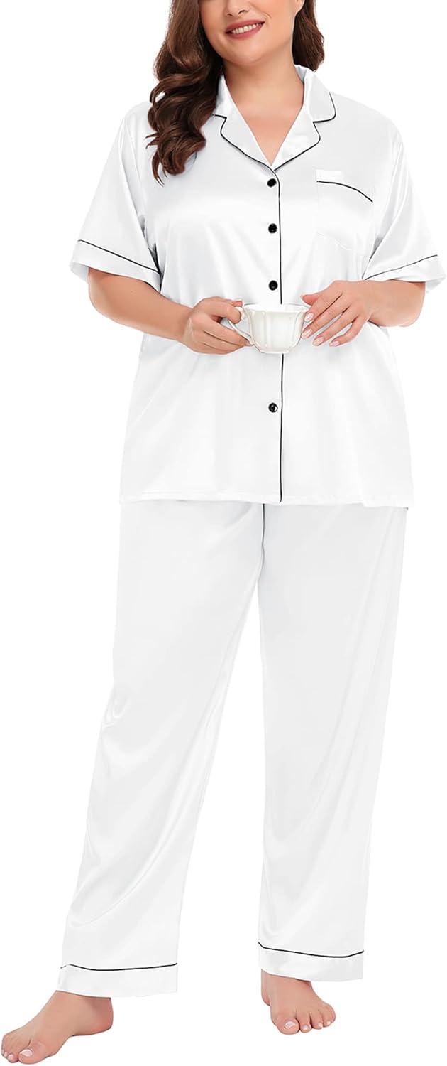imageSWOMOG Womens Plus Size Pajamas Silk Satin Pajama Set Short Sleeve Shirt with FullLength Pants Pjs Sleepwear Set 18W26WWhite