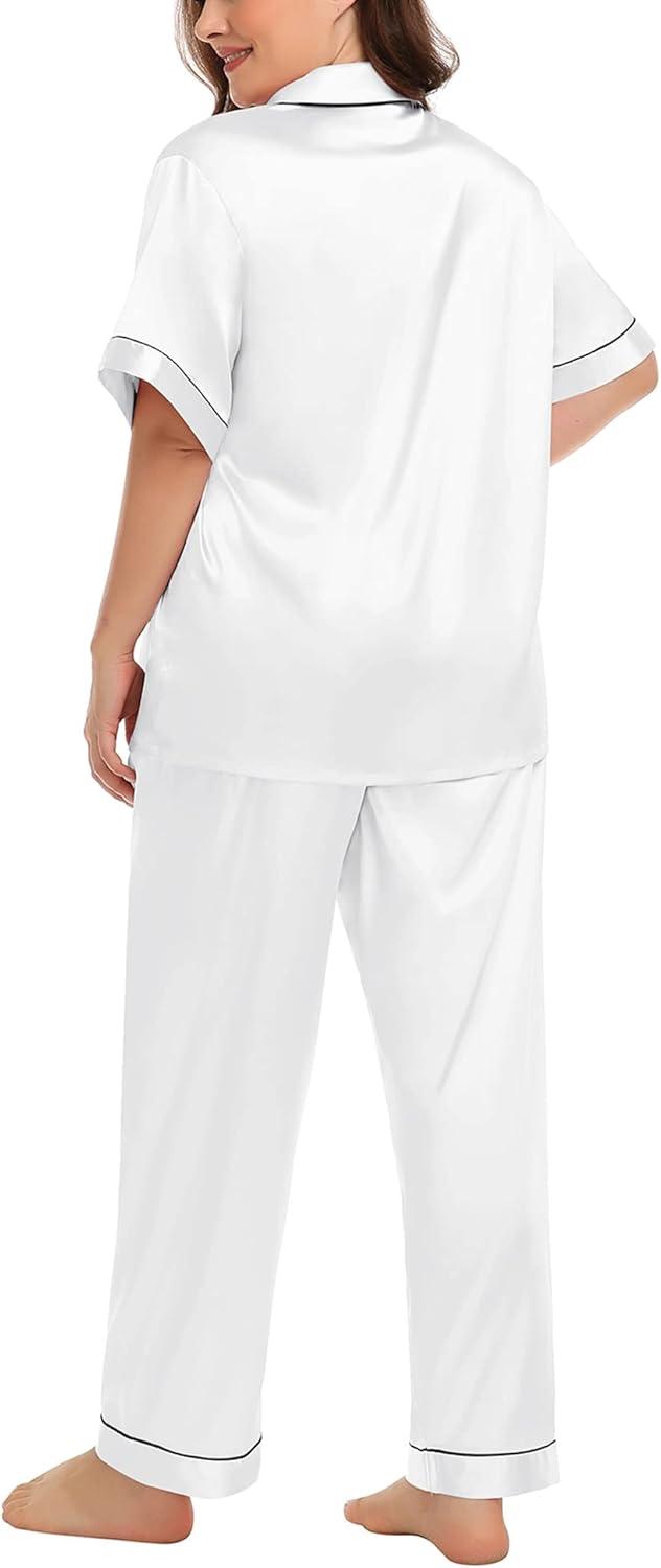 imageSWOMOG Womens Plus Size Pajamas Silk Satin Pajama Set Short Sleeve Shirt with FullLength Pants Pjs Sleepwear Set 18W26WWhite