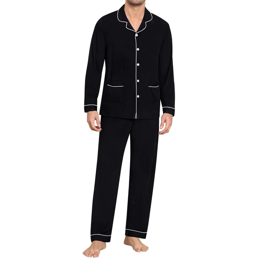 imageSWOMOG Men Pajamas Sets Long Sleeve Modal Sleepwear TwoPiece Soft PJs Sets Loungewear with Long PantsBlack