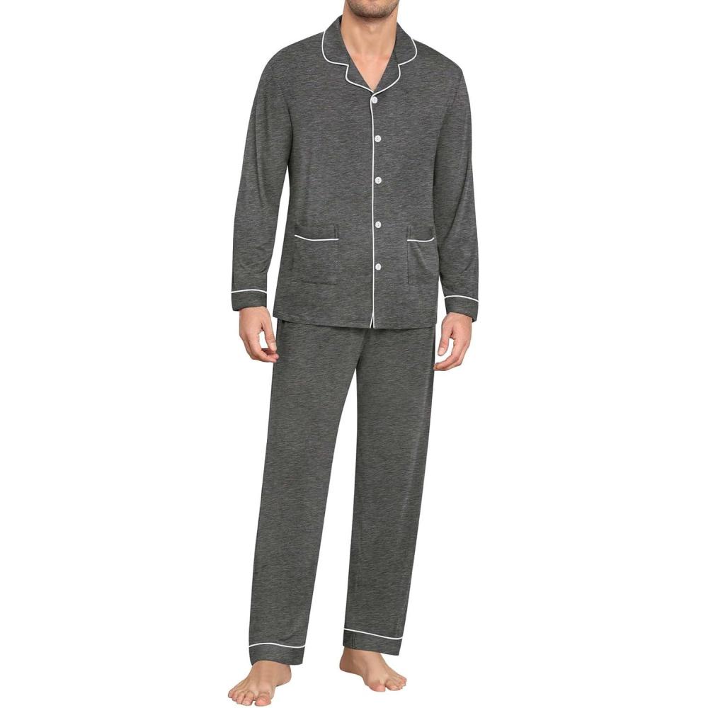 imageSWOMOG Men Pajamas Sets Long Sleeve Modal Sleepwear TwoPiece Soft PJs Sets Loungewear with Long PantsDark Gray