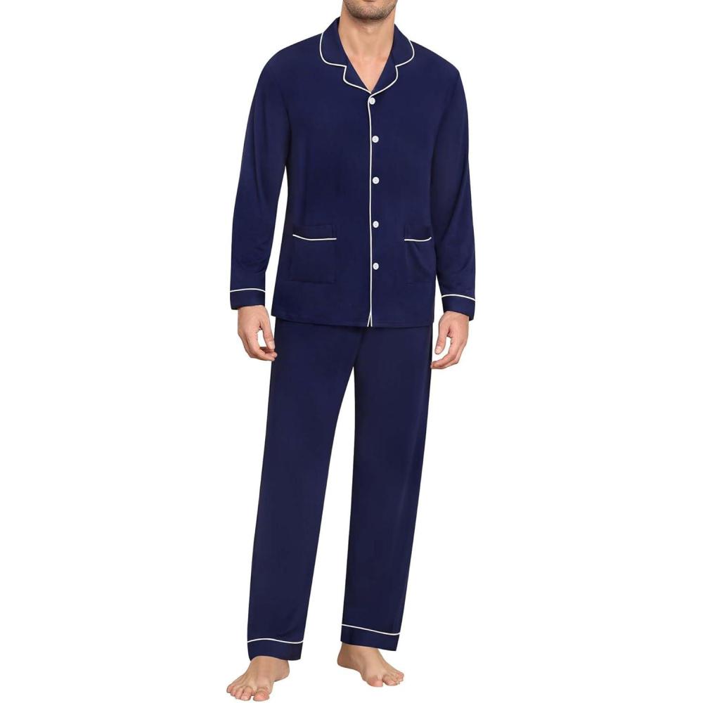 imageSWOMOG Men Pajamas Sets Long Sleeve Modal Sleepwear TwoPiece Soft PJs Sets Loungewear with Long PantsNavy Blue