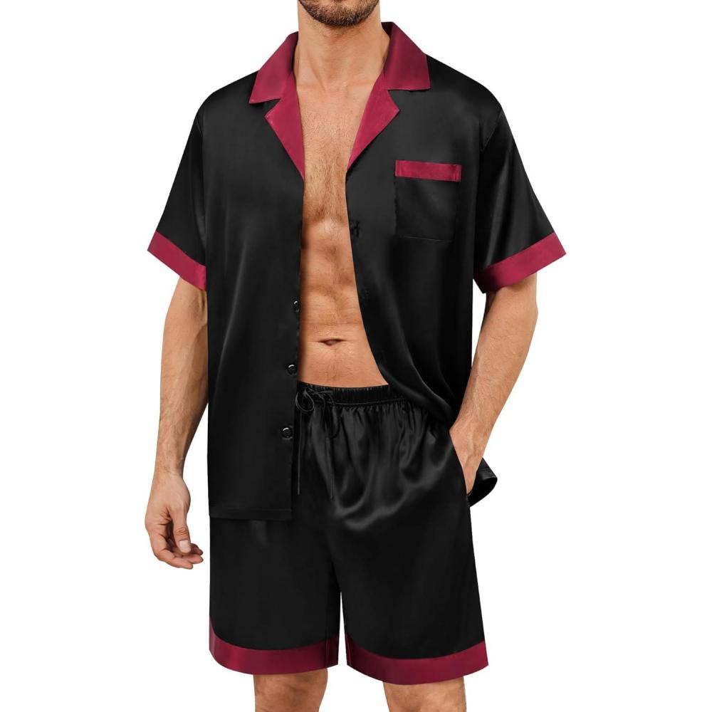 imageSWOMOG Mens Satin Pajamas Set Silk Pj Sets Short Sleeve Button Down 2 PCS Sleepwear with Drawstring amp Pockets S3XLBlack