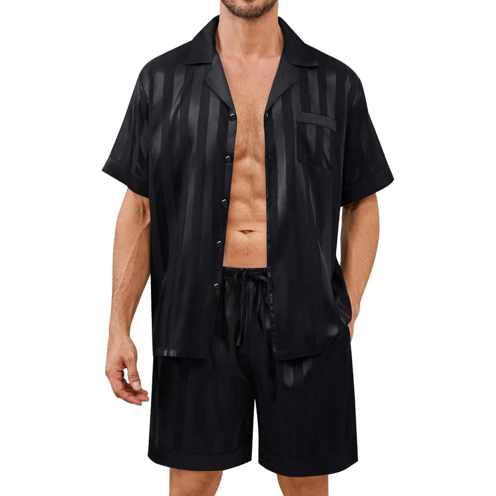 imageSWOMOG Mens Satin Pajamas Set Silk Pj Sets Short Sleeve Button Down 2 PCS Sleepwear with Drawstring amp Pockets S3XLBlack Stripe