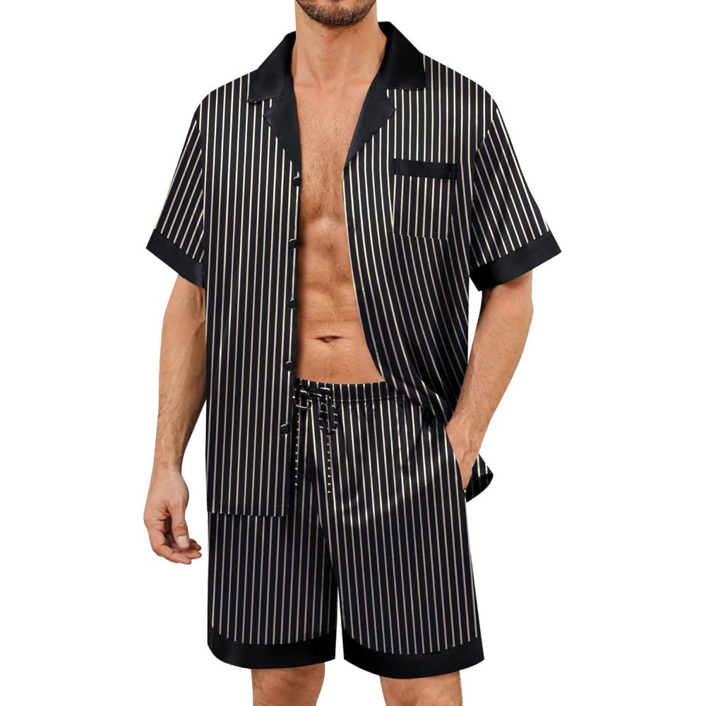 imageSWOMOG Mens Satin Pajamas Set Silk Pj Sets Short Sleeve Button Down 2 PCS Sleepwear with Drawstring amp Pockets S3XLBlack Stripe Gold