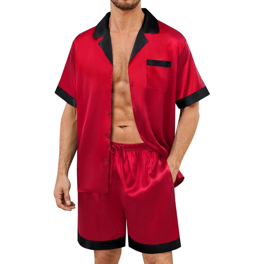 imageSWOMOG Mens Satin Pajamas Set Silk Pj Sets Short Sleeve Button Down 2 PCS Sleepwear with Drawstring amp Pockets S3XLRed
