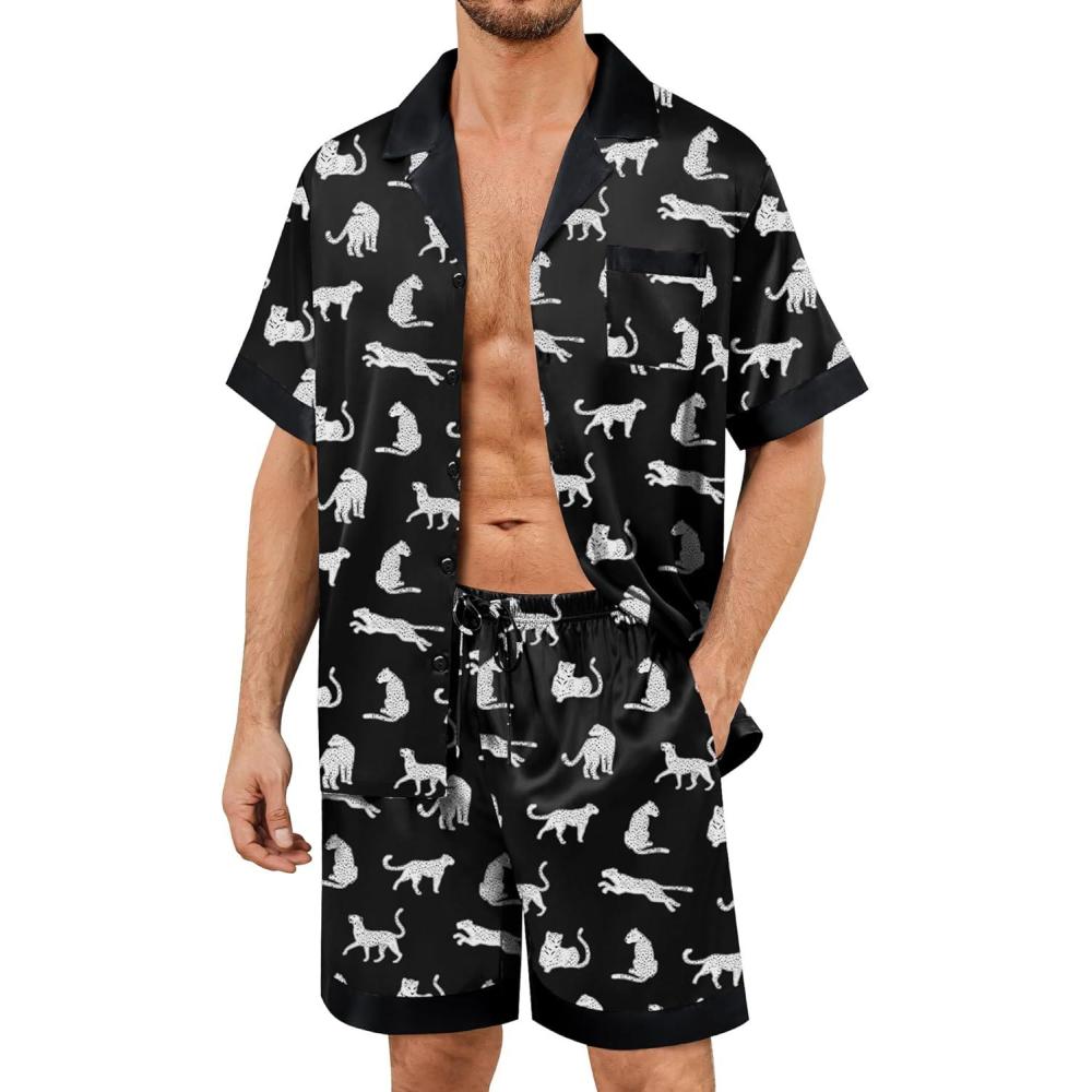 imageSWOMOG Mens Satin Pajamas Set Silk Pj Sets Short Sleeve Button Down 2 PCS Sleepwear with Drawstring amp Pockets S3XLWhite Leopard