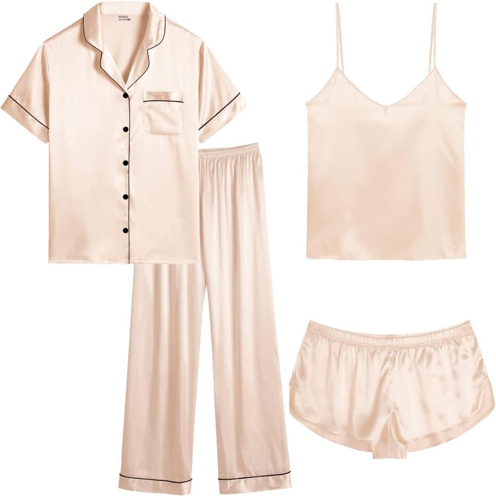 imageSWOMOG Womens Plus Size Pajamas Silk Satin Pajama Set Short Sleeve Shirt with FullLength Pants Pjs Sleepwear Set 18W26W4pcschampagne