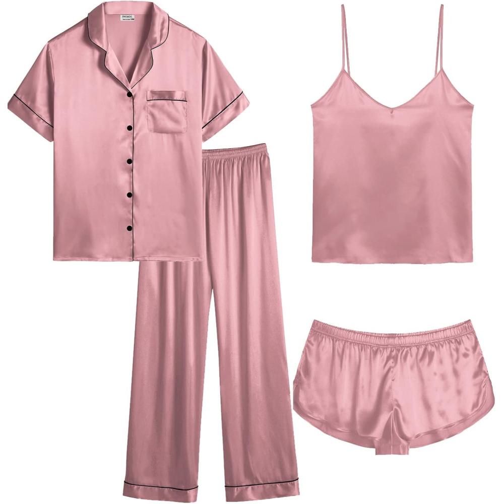 imageSWOMOG Womens Plus Size Pajamas Silk Satin Pajama Set Short Sleeve Shirt with FullLength Pants Pjs Sleepwear Set 18W26W4pcsmisty Rose