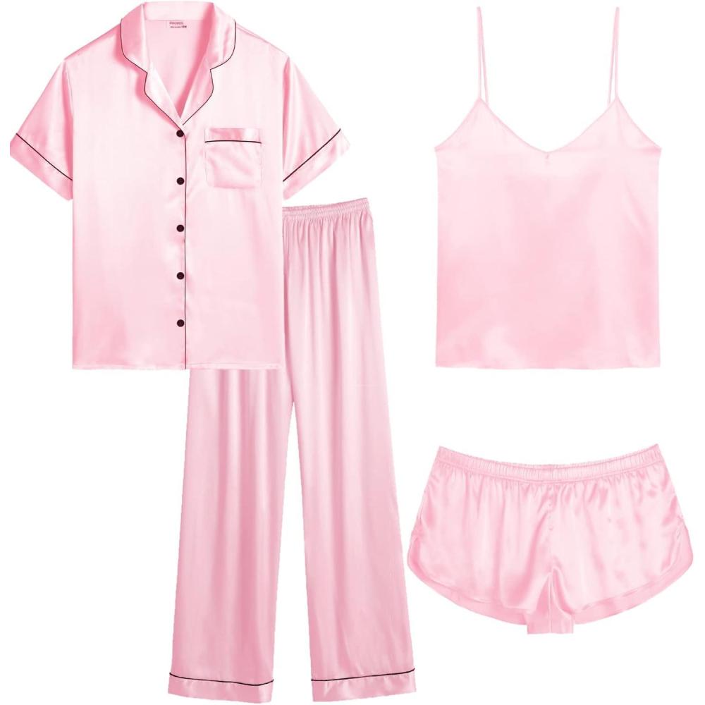 imageSWOMOG Womens Plus Size Pajamas Silk Satin Pajama Set Short Sleeve Shirt with FullLength Pants Pjs Sleepwear Set 18W26W4pcspink