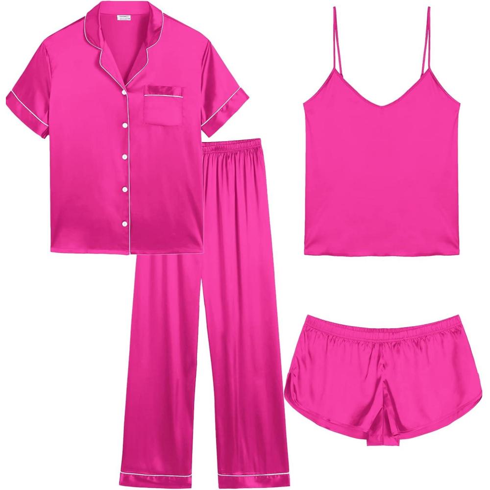 imageSWOMOG Womens Plus Size Pajamas Silk Satin Pajama Set Short Sleeve Shirt with FullLength Pants Pjs Sleepwear Set 18W26W4pcsrose Red