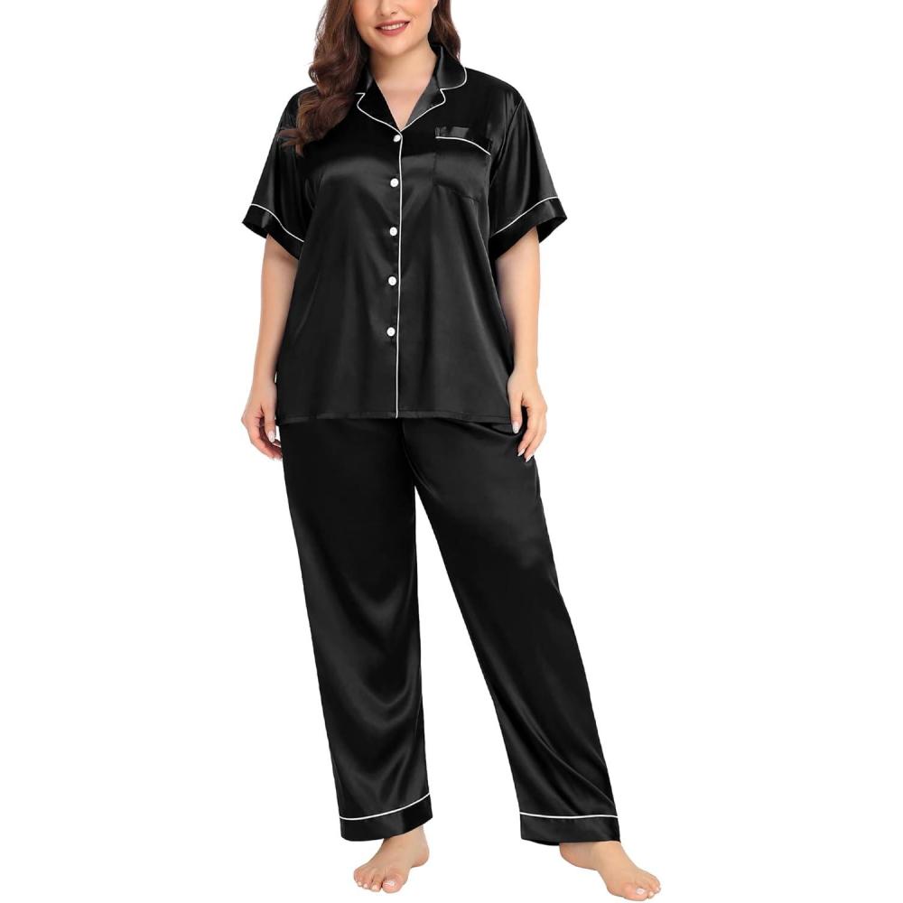 imageSWOMOG Womens Plus Size Pajamas Silk Satin Pajama Set Short Sleeve Shirt with FullLength Pants Pjs Sleepwear Set 18W26WBlack