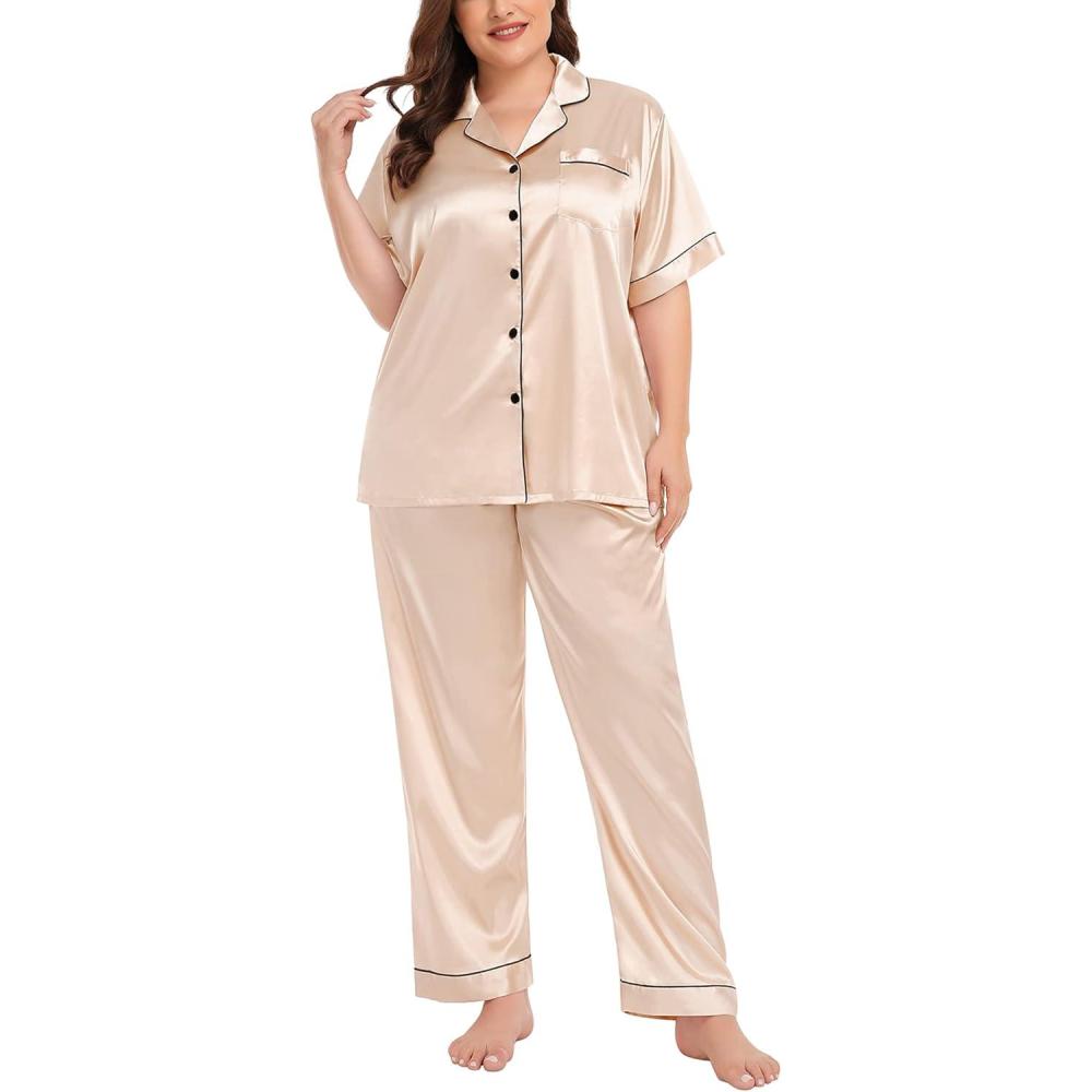 imageSWOMOG Womens Plus Size Pajamas Silk Satin Pajama Set Short Sleeve Shirt with FullLength Pants Pjs Sleepwear Set 18W26WChampagne