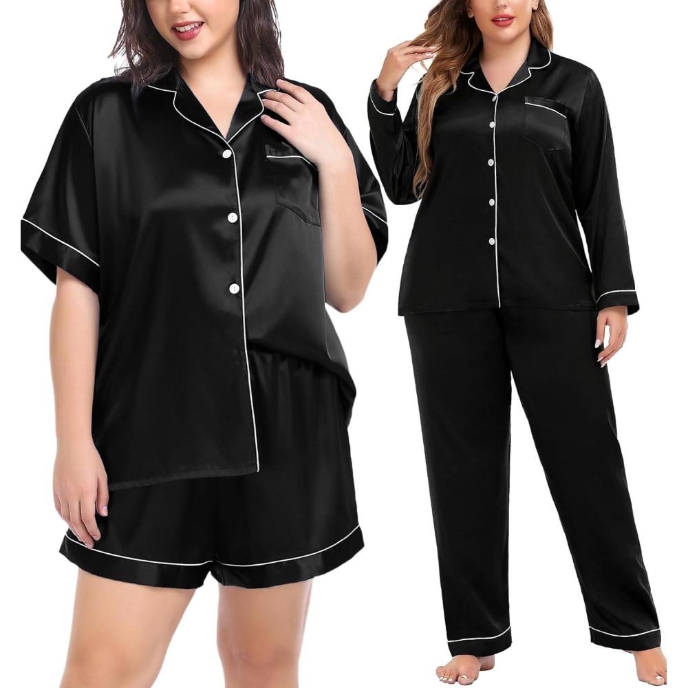 imageSWOMOG Womens Plus Size Pajamas Silk Satin Pajama Set Short Sleeve Shirt with FullLength Pants Pjs Sleepwear Set 18W26WDark