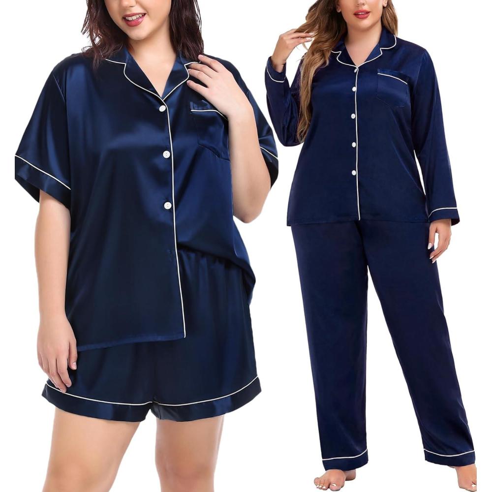 imageSWOMOG Womens Plus Size Pajamas Silk Satin Pajama Set Short Sleeve Shirt with FullLength Pants Pjs Sleepwear Set 18W26WDark Midnight Blue
