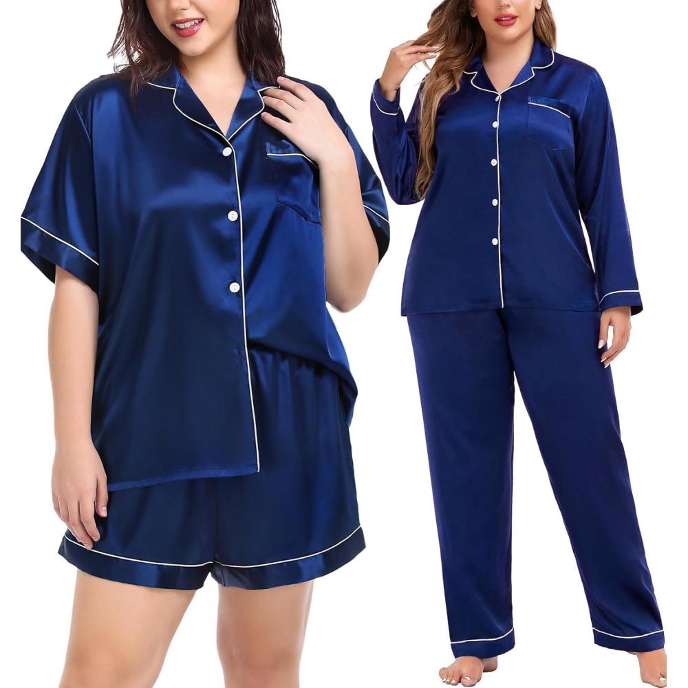 imageSWOMOG Womens Plus Size Pajamas Silk Satin Pajama Set Short Sleeve Shirt with FullLength Pants Pjs Sleepwear Set 18W26WMidnight Blue