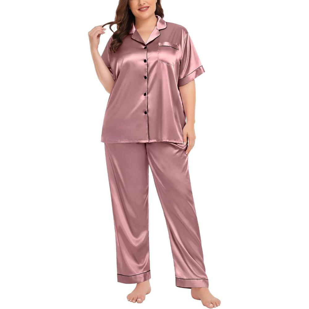 imageSWOMOG Womens Plus Size Pajamas Silk Satin Pajama Set Short Sleeve Shirt with FullLength Pants Pjs Sleepwear Set 18W26WMisty Rose
