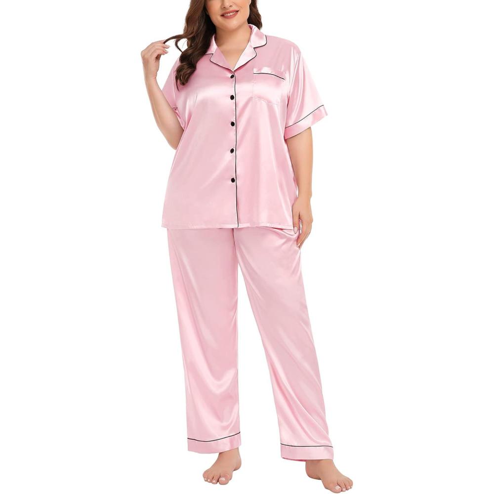 imageSWOMOG Womens Plus Size Pajamas Silk Satin Pajama Set Short Sleeve Shirt with FullLength Pants Pjs Sleepwear Set 18W26WPink