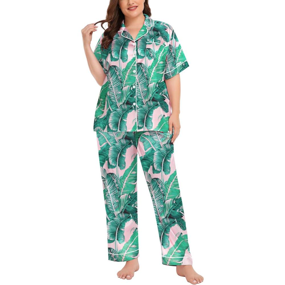 imageSWOMOG Womens Plus Size Pajamas Silk Satin Pajama Set Short Sleeve Shirt with FullLength Pants Pjs Sleepwear Set 18W26WPink Leaves