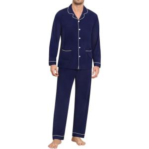SWOMOG Men Pajamas Sets Long Sleeve Modal Sleepwear Two-Piece Soft PJs Sets Loungewear with Long Pants(Navy Blue)