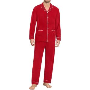 SWOMOG Men Pajamas Sets Long Sleeve Modal Sleepwear Two-Piece Soft PJs Sets Loungewear with Long Pants(Red)