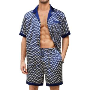 SWOMOG Mens Satin Pajamas Set Silk Pj Sets Short Sleeve Button Down 2 PCS Sleepwear with Drawstring & Pockets S-3XL(Geometric Yellow)