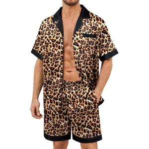 SWOMOG Mens Satin Pajamas Set Silk Pj Sets Short Sleeve Button Down 2 PCS Sleepwear with Drawstring & Pockets S-3XL(Leopard Print)