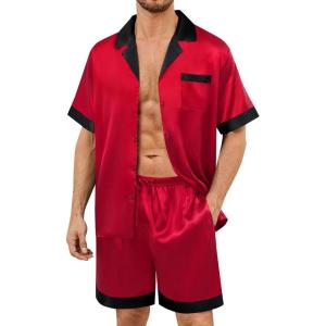 SWOMOG Mens Satin Pajamas Set Silk Pj Sets Short Sleeve Button Down 2 PCS Sleepwear with Drawstring & Pockets S-3XL(Red)