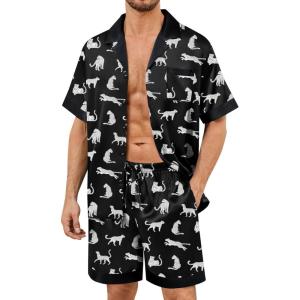 SWOMOG Mens Satin Pajamas Set Silk Pj Sets Short Sleeve Button Down 2 PCS Sleepwear with Drawstring & Pockets S-3XL(White Leopard)