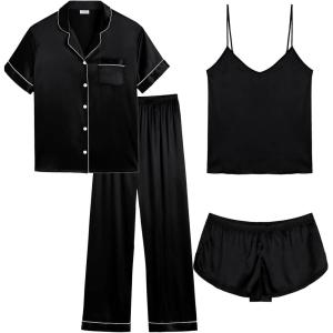 SWOMOG Women’s Plus Size Pajamas Silk Satin Pajama Set Short Sleeve Shirt with Full-Length Pants Pjs Sleepwear Set 18W-26W(4pcs-black)